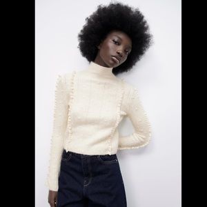 Zara Cream Ruffle High Collar Knit Sweater
